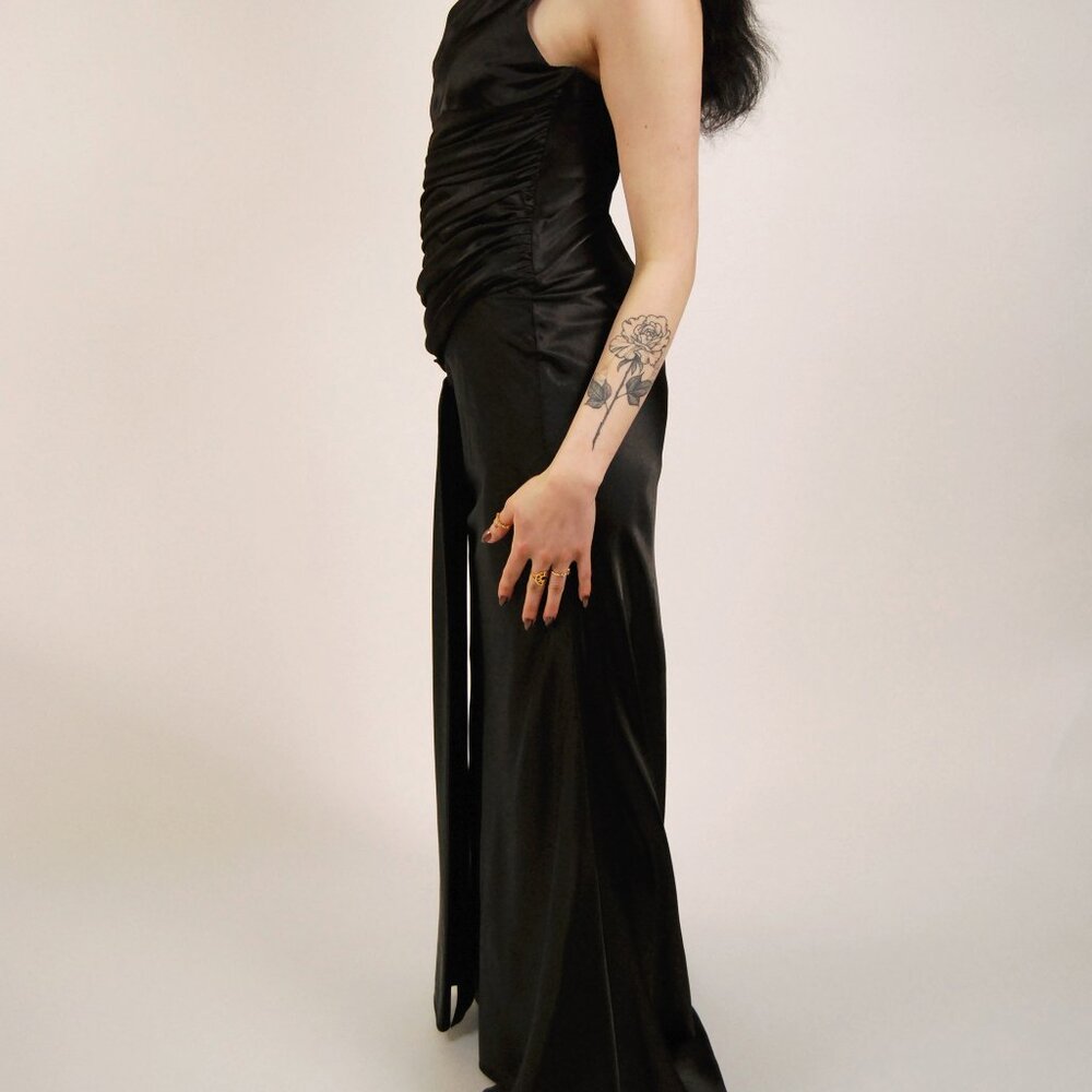 Y2K Prom Gown (S) vintage black ruched open back dress small maxi rhinestone 90s - Picture 3 of 8